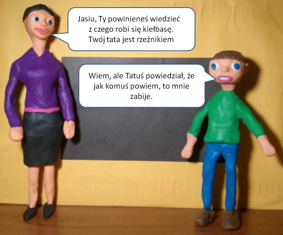 Dowcipy o Jasiu. Jasiu w szkole. <p>
	Pani w szkole:<br />
	- Z czego robi się kiełbasę?<br />
	Dzieci milczą.<br />
	- Jasiu, Ty powinieneś wiedzieć - Twój tata jest rzeźnikiem?<br />
	- Ja wiem, ale Tatuś powiedział, że jak komuś powiem, to mnie zabije.</p>