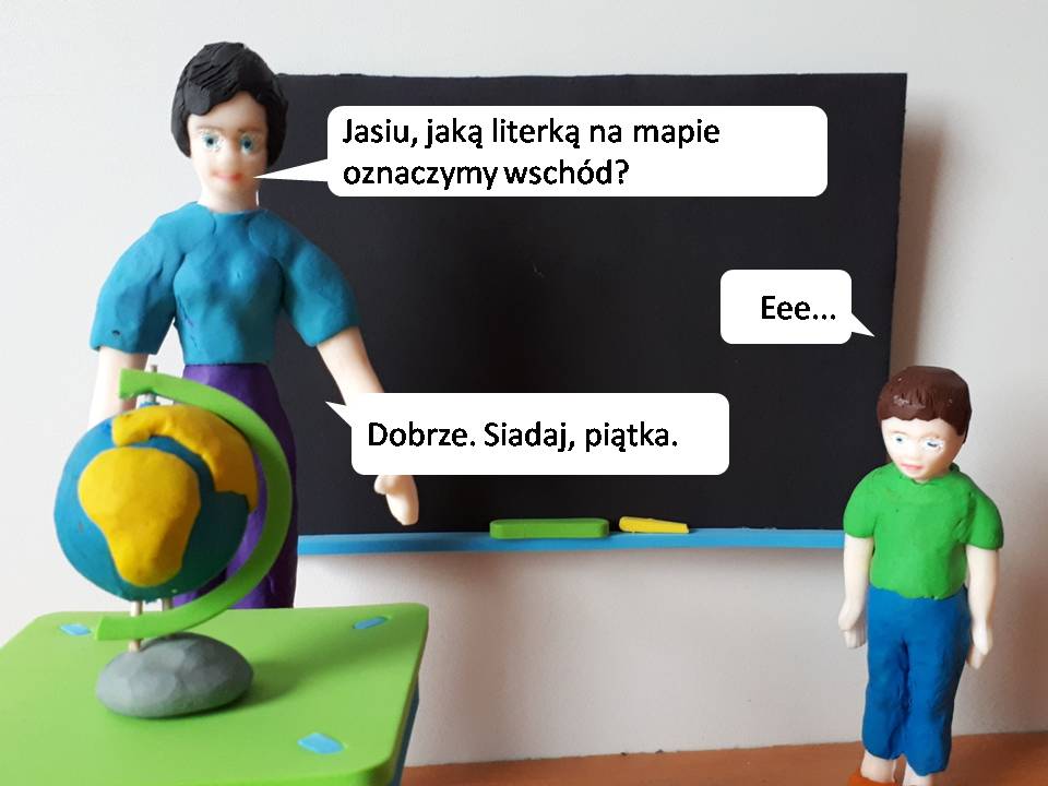 Dowcipy o Jasiu. Jasiu w szkole. <div>
	Lekcja geografii. Pani bierze Jasia do odpowiedzi:</div>
<div>
	- Jasiu jaką literką na mapie oznaczymy wschód? </div>
<div>
	- Eee... </div>
<div>
	- Dobrze, siadaj piątka.</div>